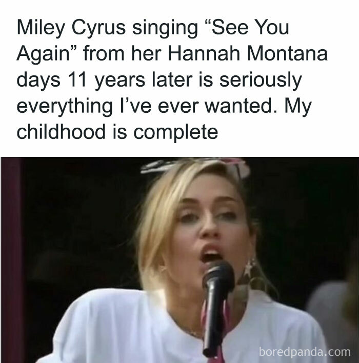 Miley Cyrus singing, evoking nostalgic childhood shows, brings joy and completion to fans.