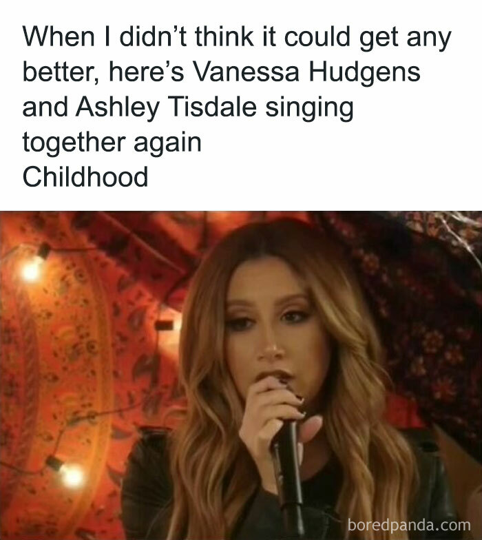 Young woman singing into microphone, evoking nostalgic childhood shows vibes.