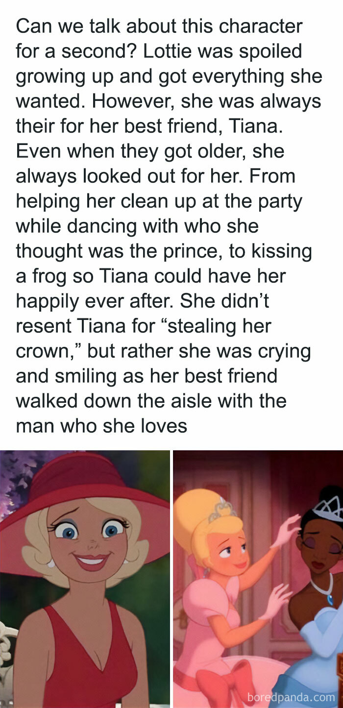 Nostalgic Childhood Shows: Animated character Lottie smiling, another image of her with Tiana, both in elegant outfits.