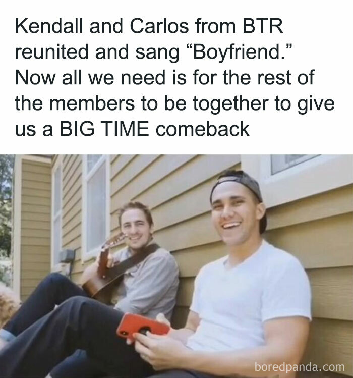 Two people sitting outside, smiling, with a nostalgic childhood shows theme.