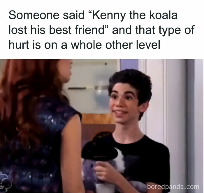 Teen holding toy koala, reflecting on nostalgic childhood shows with a humorous caption.