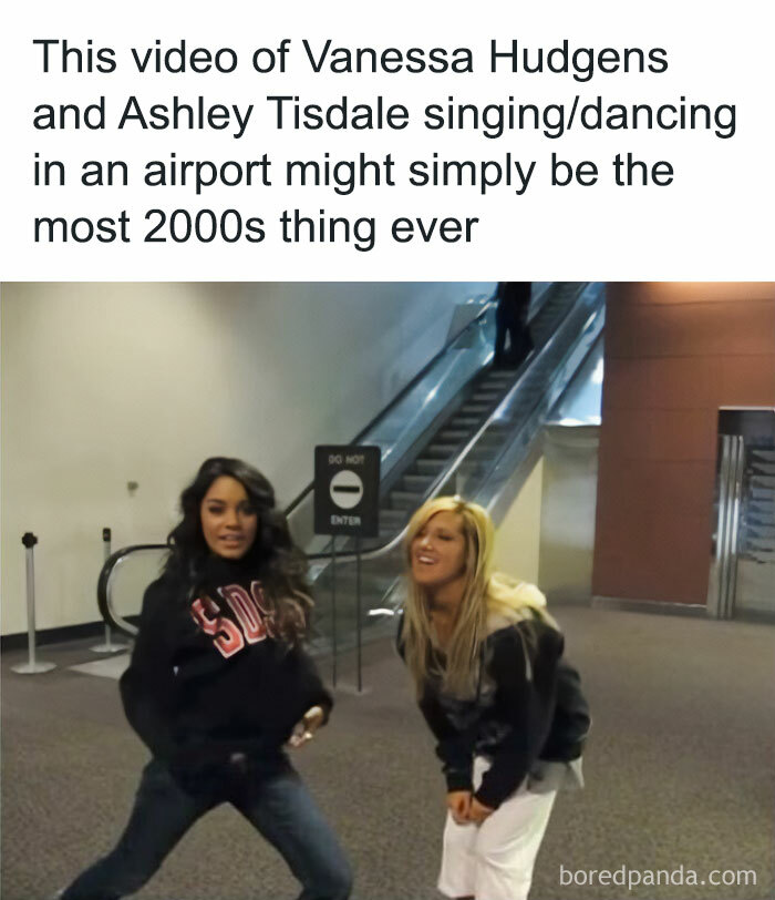 Friends dancing in an airport, capturing a nostalgic childhood shows vibe.