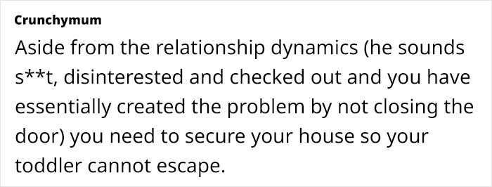 Text about relationship dynamics and child safety concerns, emphasizing the need to secure the house for toddler safety.