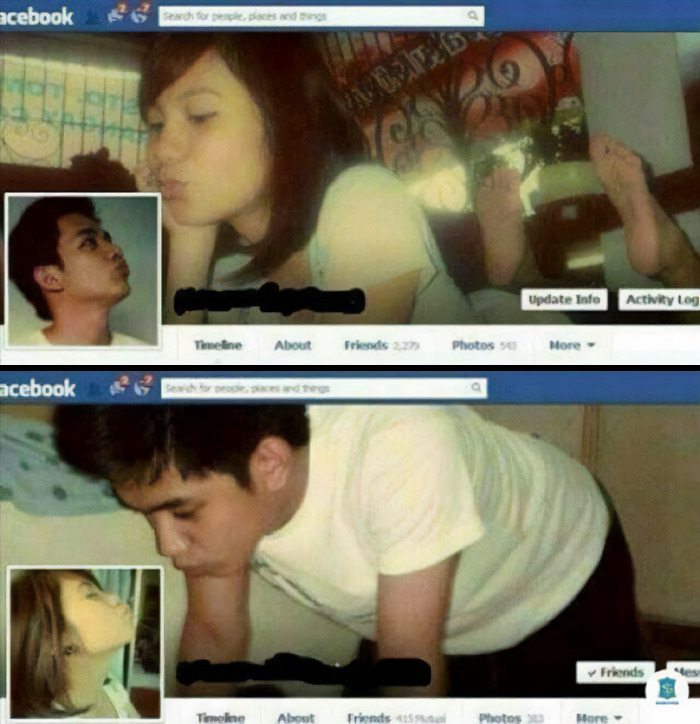 Two people pose playfully on a vintage social media profile, showcasing old-internet-feel aesthetics.