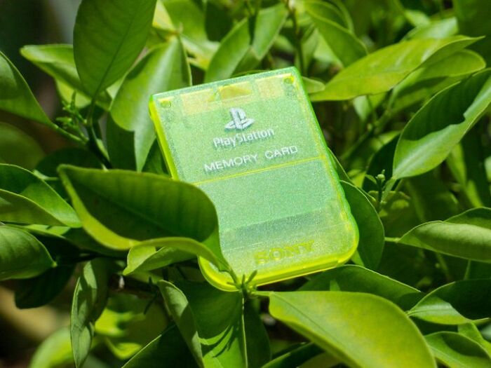 A translucent PlayStation memory card nestled among lush green leaves, evoking an old-internet feel.