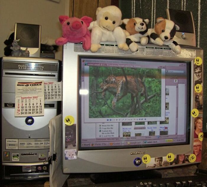 Old internet setup with a CRT monitor, vintage desktop, and stuffed animals, displaying a vintage photo viewer.