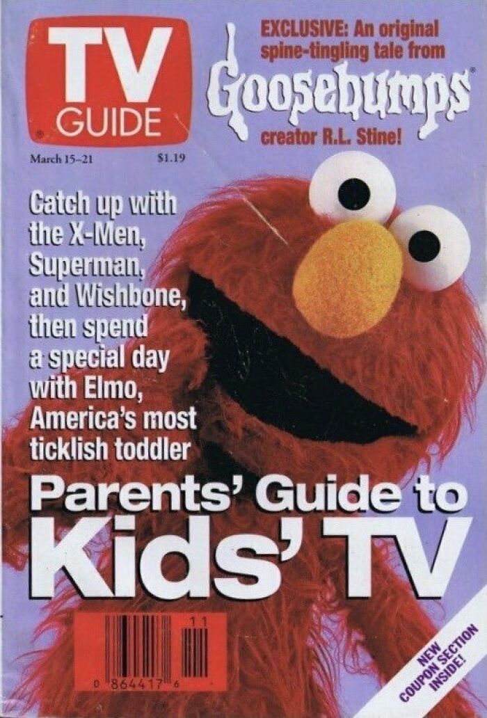 TV Guide cover featuring Elmo, highlighting kids' TV shows and a Goosebumps story, evokes Old-Internet-Feel-Pics nostalgia.