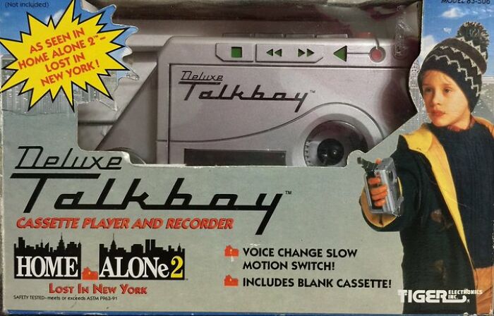Talkboy cassette player box, featuring old-internet-feel graphics with boy holding device and "Home Alone 2" branding.