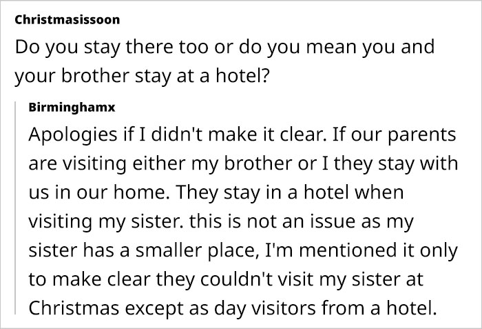 Text exchange about visiting arrangements for parents during Christmas, discussing staying at homes or hotels. Text exchange about visiting arrangements for parents during Christmas, discussing staying at homes or hotels.