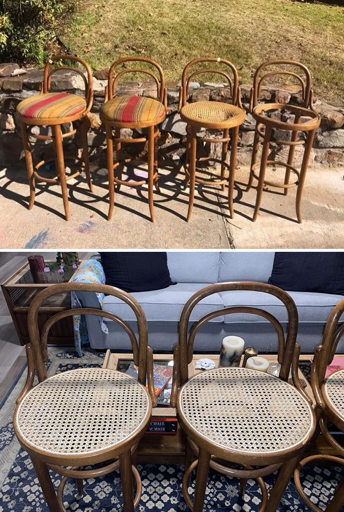 Restored vintage chairs with updated woven seats, showcasing old things restoration.