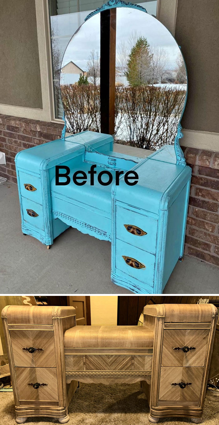 "Old dressing table restoration showing a transformation from bright blue to natural wood finish."