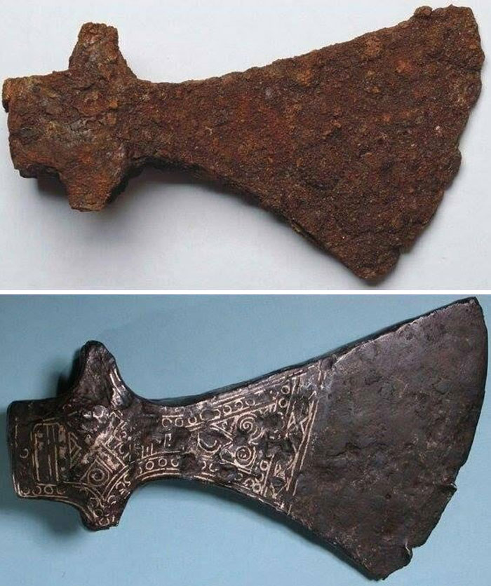 Restored antique axe before and after, showcasing detailed metalwork design.