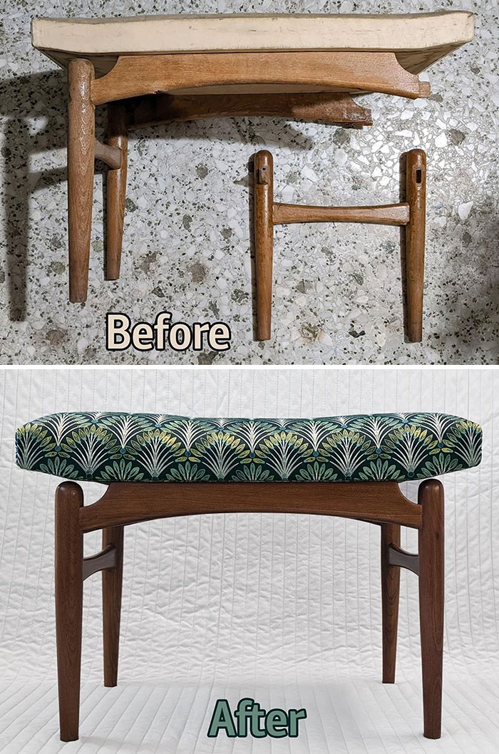 Before and after of a restored wooden bench, featuring new upholstery with a green and blue pattern.