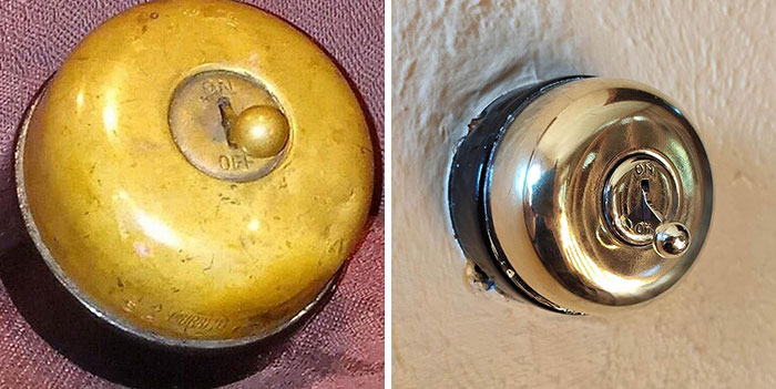 Old switch restoration with shiny metallic finish compared to the original tarnished state.
