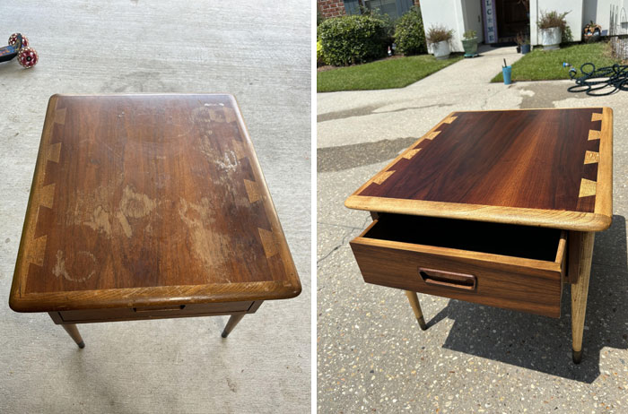 Restored vintage wooden table showing before and after states, highlighting old things restoration.