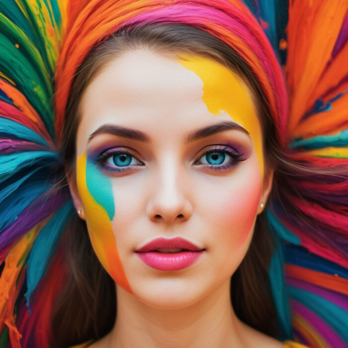 Colorful face paint art on a woman's face, representing people list trends with vibrant paint strokes.