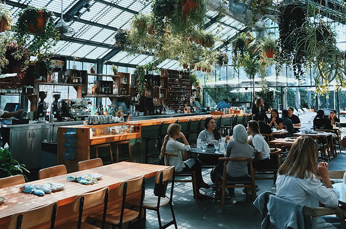 People sharing secrets in a stylish, sunlit cafe surrounded by lush greenery.