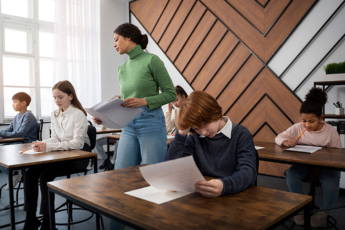 Students in a classroom taking a test while a teacher observes, depicting minimal work environments.