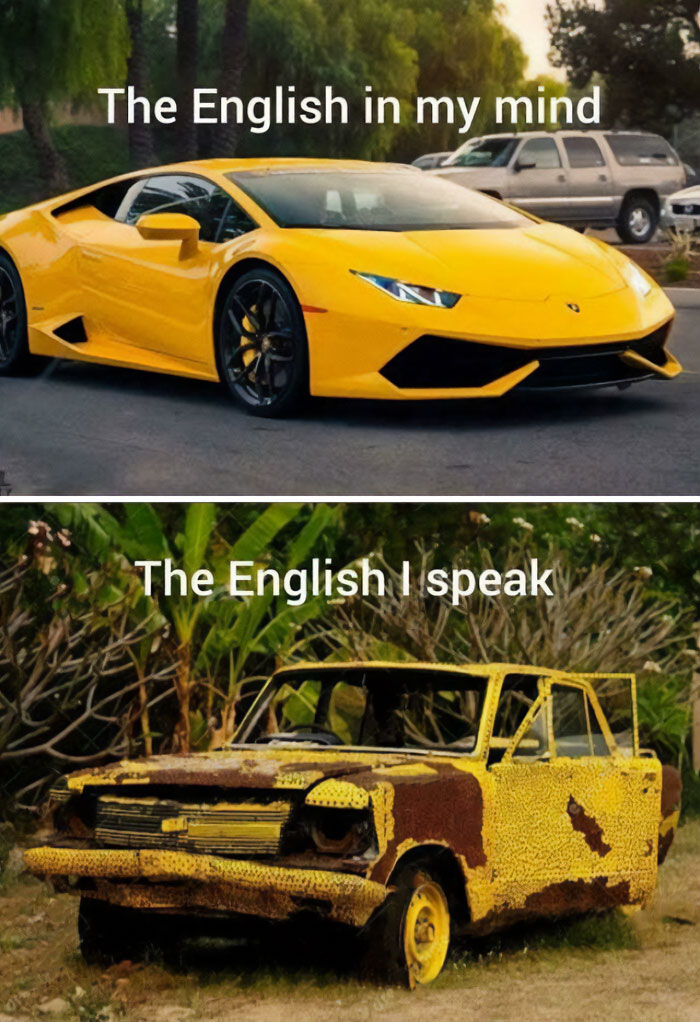 A new yellow sports car represents fluent English, while a rusty car symbolizes broken English.