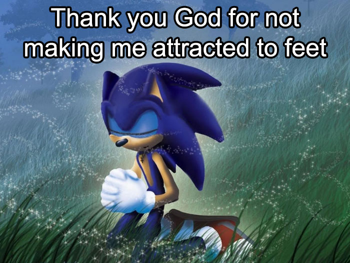 Sonic the Hedgehog kneeling with closed eyes, surrounded by sparkles, includes playful text about attraction.