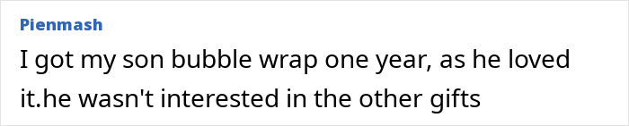 Text about a child preferring bubble wrap over other Christmas gifts.