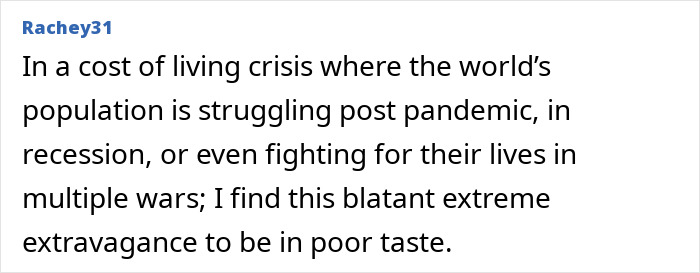 Comment criticizing Dubai housewife for materialism amid global hardships.