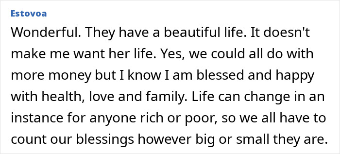 Text screenshot of a user's reaction to a Dubai housewife's display of material gifts.