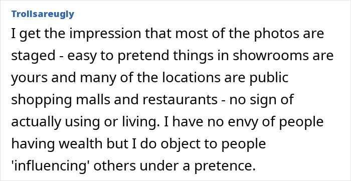 Comment criticizing a Dubai housewife for materialism and pretentious influence.