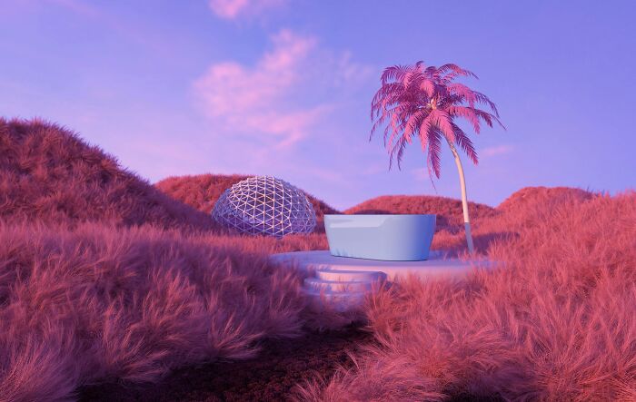 Futuristic landscape with pink grass, a modern structure, and a palm tree, illustrating Pinterest's predictions for 2025 trends.