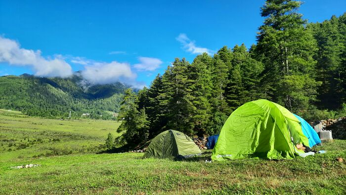 Tents in a scenic forested area, capturing the essence of a nudist lifestyle in nature.