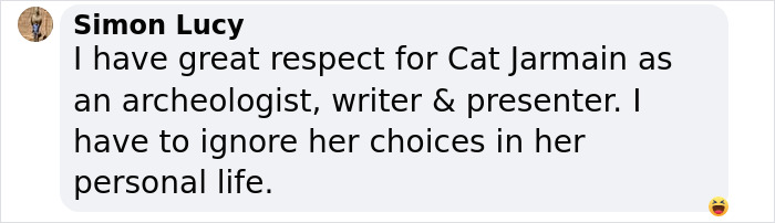 Text message expressing respect for Cat Jarmain despite personal life choices.