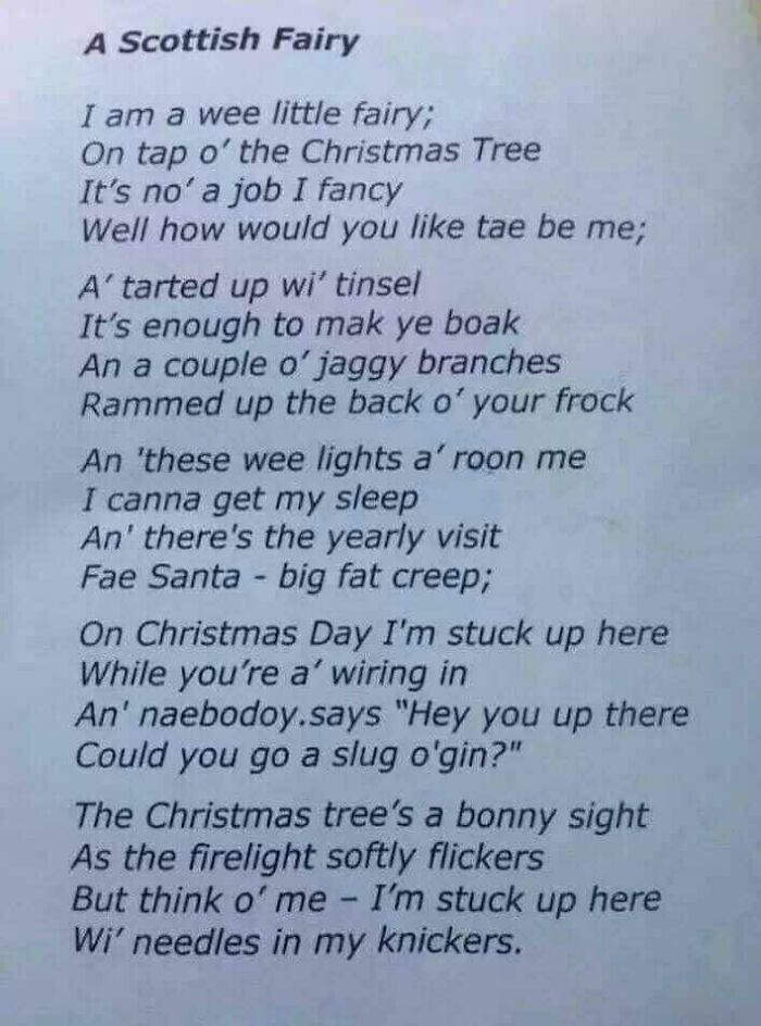 Text about a Scottish fairy on a Christmas tree, humorously describing the discomfort of being adorned with tinsel and lights.