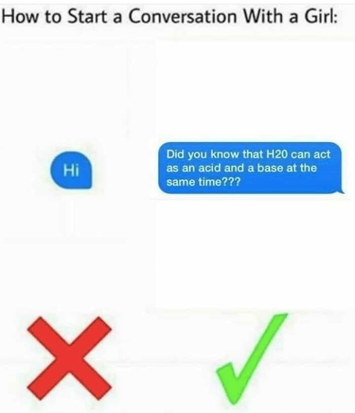 Science meme with a conversation starter about H2O acting as an acid and base, showing humor in scientific knowledge.