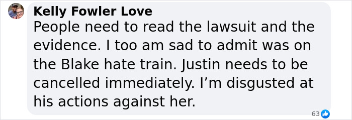 Screenshot of a social media comment supporting Blake Lively, mentioning a lawsuit and cancellation of Justin. Screenshot of a social media comment supporting Blake Lively, mentioning a lawsuit and cancellation of Justin.