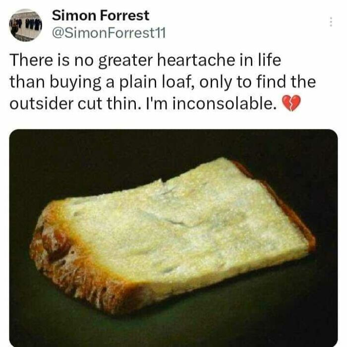 Slice of bread with humorous text about a thin crust, highlighting Scottish humor.