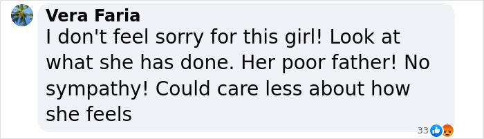 Vera Faria's comment expressing lack of sympathy for a girl's situation. Vera Faria's comment expressing lack of sympathy for a girl's situation.