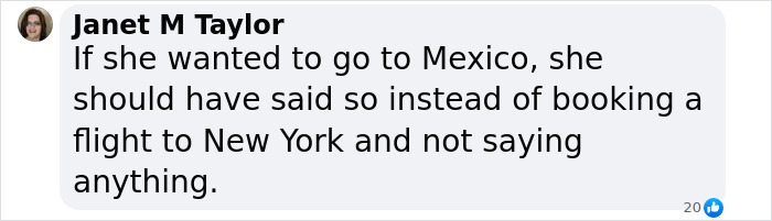 Text message from Janet M Taylor about a booked flight to New York instead of Mexico. Text message from Janet M Taylor about a booked flight to New York instead of Mexico.