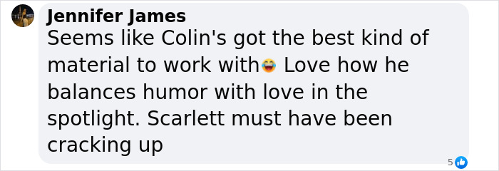 Comment on Colin Jost's jokes and Scarlett Johansson's reactions, highlighting humor and spotlight dynamics.