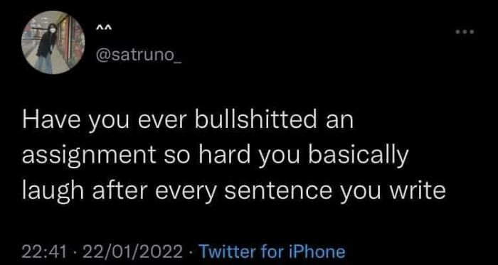 Tweet meme about laughing at assignments, showcasing relatable science humor.