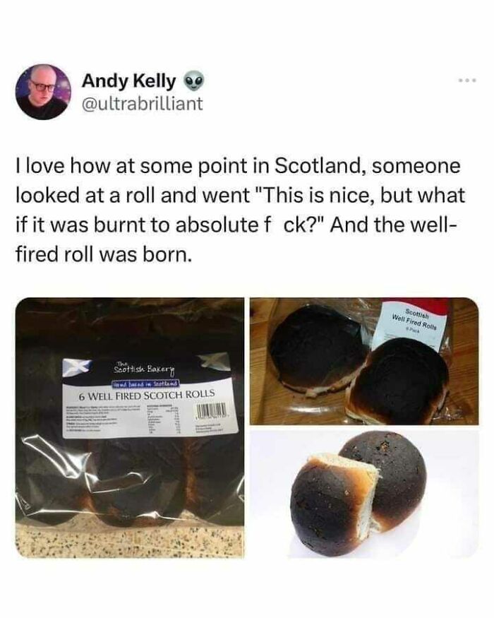 Scottish humor: a tweet about Scotland's well-fired rolls, with images of the charred bread in packaging and on a table.