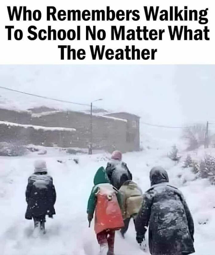 Kids walking to school in snowy weather, humorously capturing Scotland's resilient spirit.