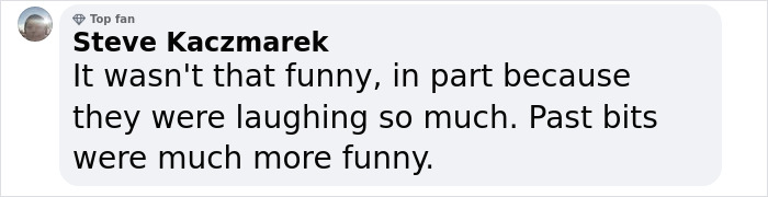 Comment from Steve Kaczmarek on cringey jokes about Scarlett Johansson, mentioning humor and laughter reactions.