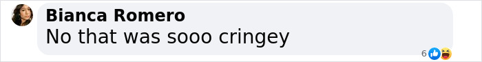 Text message by Bianca Romero reacting with "No that was sooo cringey" and emoticons.