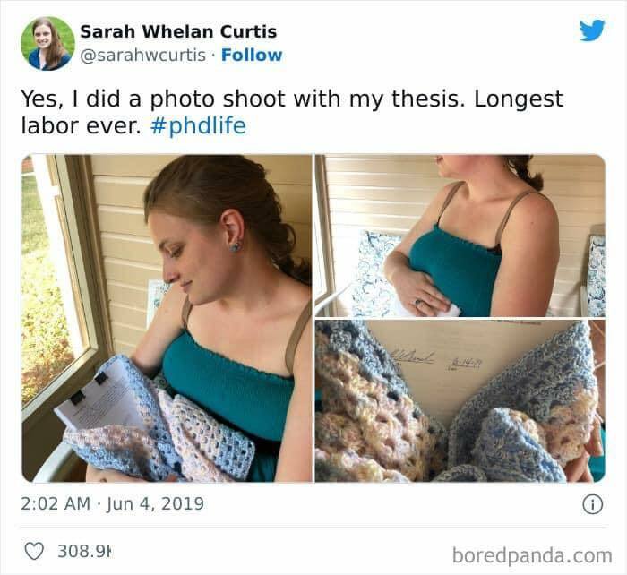 Woman holding a thesis wrapped in a blanket, humorously mimicking a baby photoshoot. #phdlife science meme.