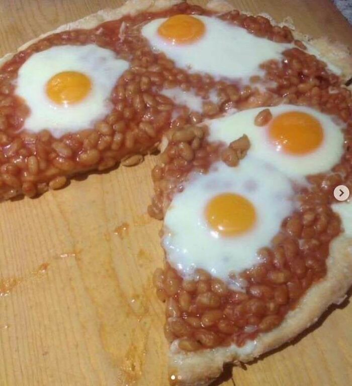 Scottish humor depicted in a pizza topped with beans and sunny-side-up eggs, a unique take on traditional cuisine.
