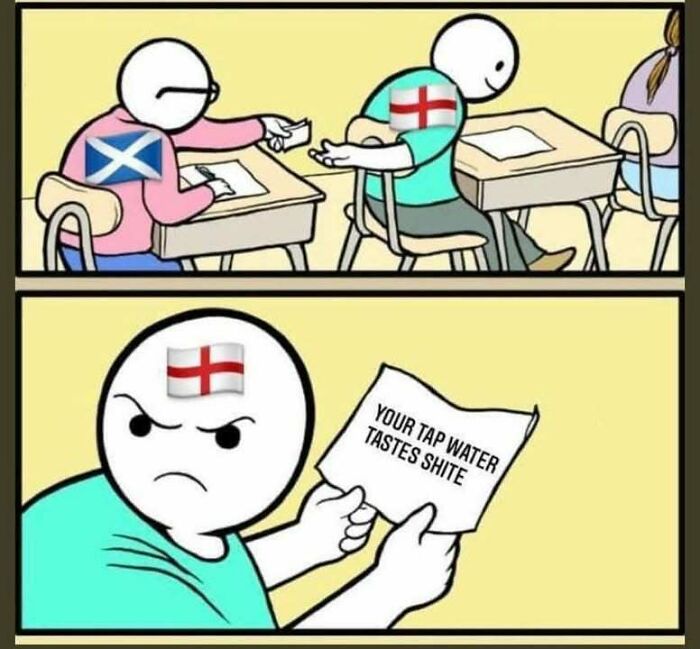 Comic strip humorously depicting Scottish and English rivalry over water quality with flag symbols.