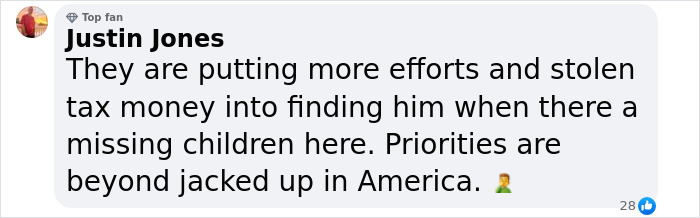 Screenshot of a comment criticizing American priorities, mentioning effort and money spent on finding the UnitedHealthcare CEO's assassin. Screenshot of a comment criticizing American priorities, mentioning effort and money spent on finding the UnitedHealthcare CEO's assassin.