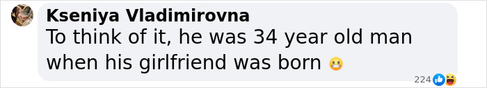 Text comment discussing age difference between a 64-year-old man and his 30-year-old girlfriend with surprised emoji. Text comment discussing age difference between a 64-year-old man and his 30-year-old girlfriend with surprised emoji.