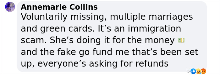 Social media comment on green card marriage scam involving a missing woman, mentioning multiple marriages and refunds.