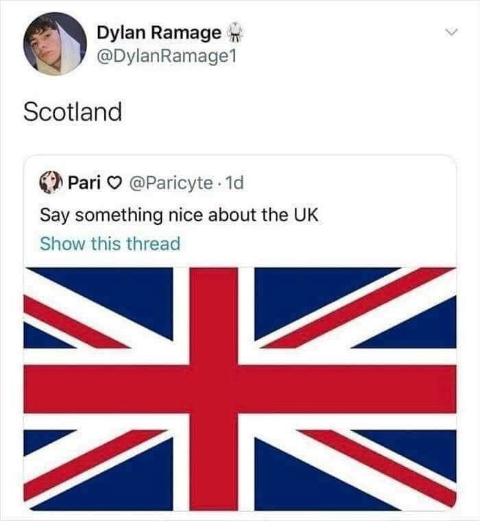 Text exchange humorously linking Scotland and a UK flag.